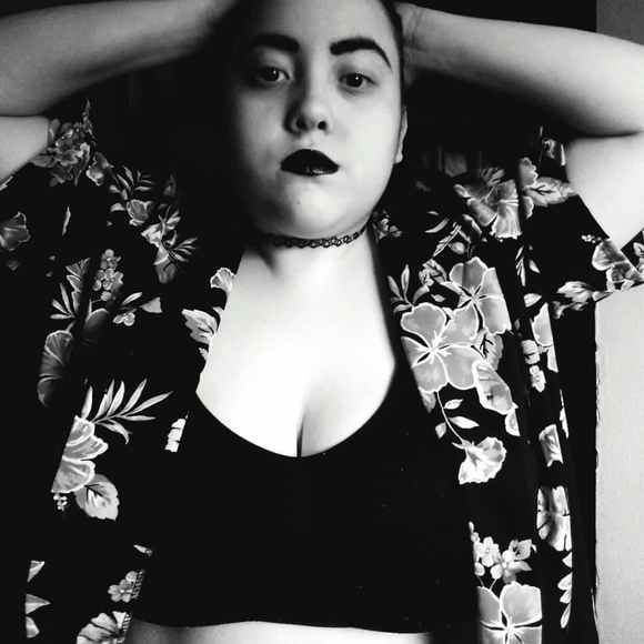 Black button down shirt (L) blue and pink flowers - Picture 2 of 5